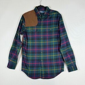 NEW Polo Ralph Lauren Men Small Shirt Plaid Flannel Suede‎ Patch Shooting Green